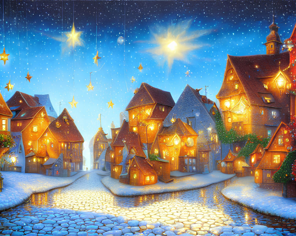 Snowy village street at night: winter scene with cozy lights and falling snow
