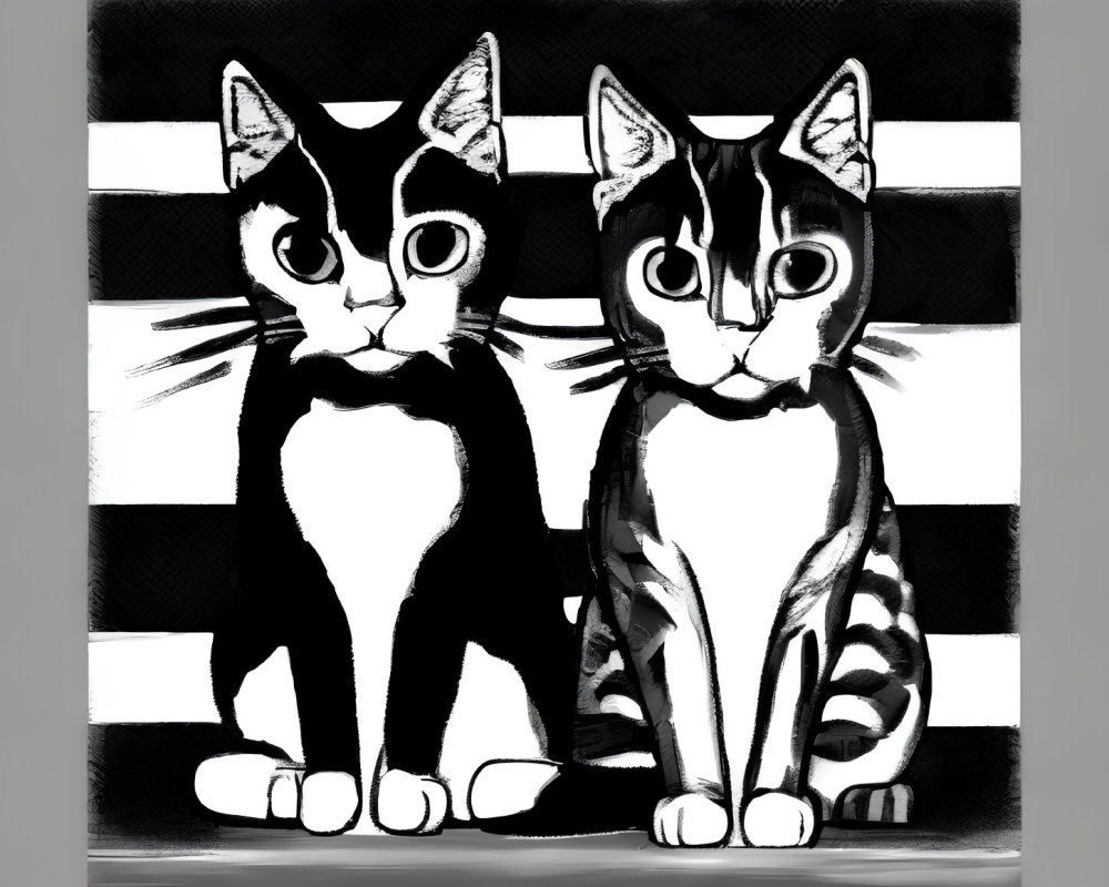 Symmetrical black and white cats with prominent stripes