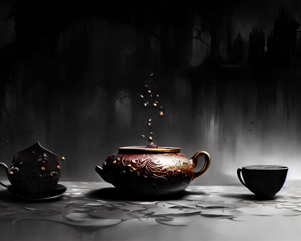 Dark, moody artwork: ornate teapot, splashing liquid, elegant cup, misty