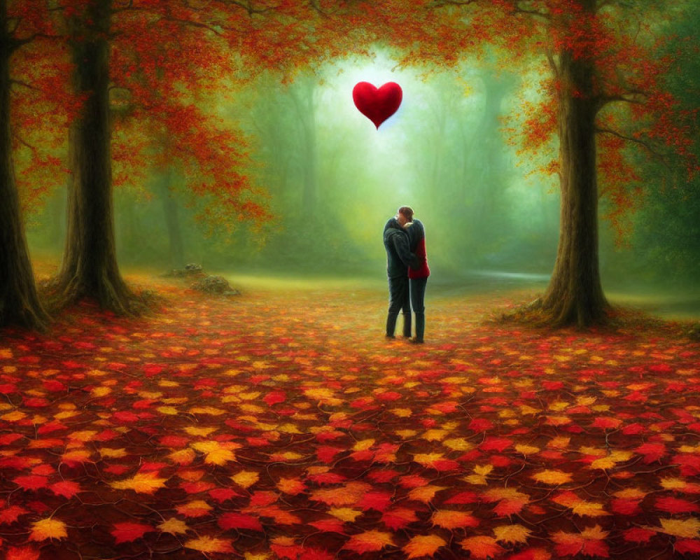 Couple Embracing Under Autumn Canopy with Floating Red Heart in Misty Forest