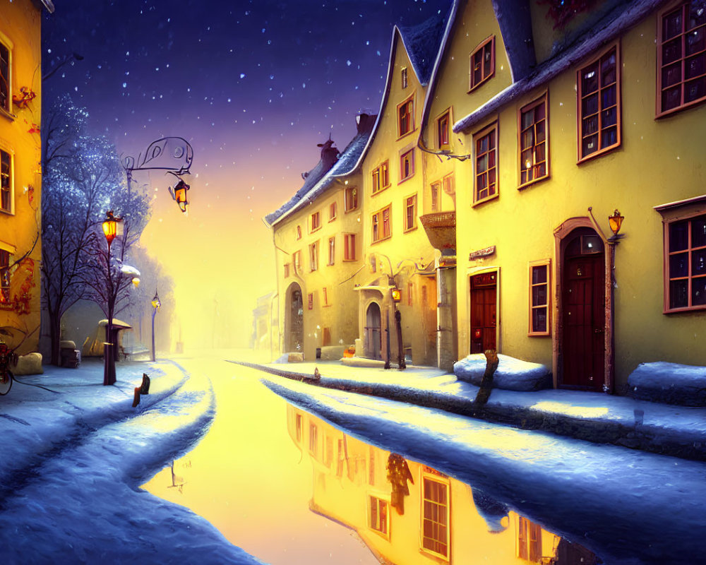 Snow-covered street with vintage buildings and glowing lights at twilight by a serene canal