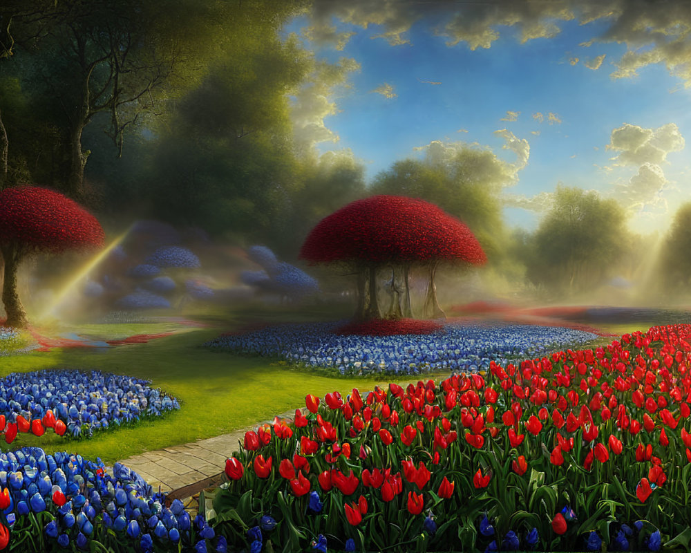 Fantasy garden with oversized red-capped mushrooms and colorful tulips.