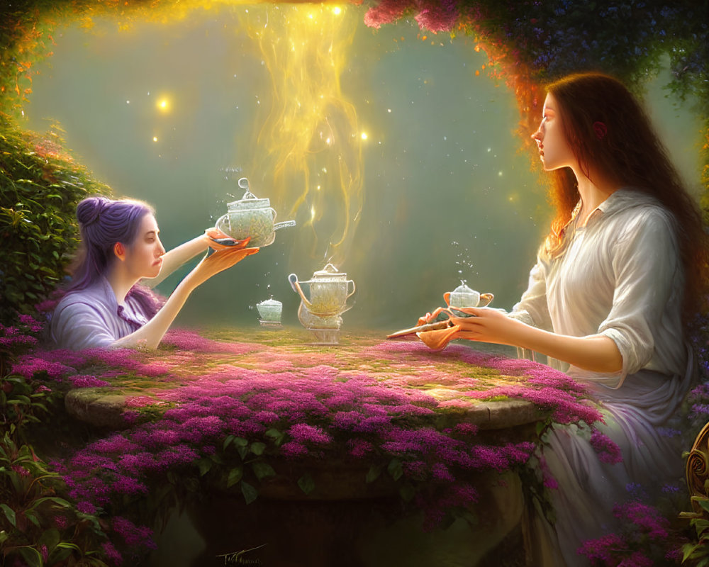 Ethereal women in magical forest pouring glowing tea