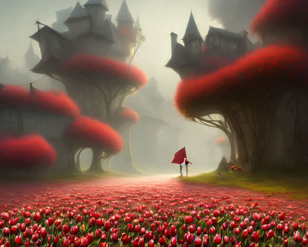 Whimsical scene with mushroom-shaped trees, red foliage, tulips, houses, and figure with