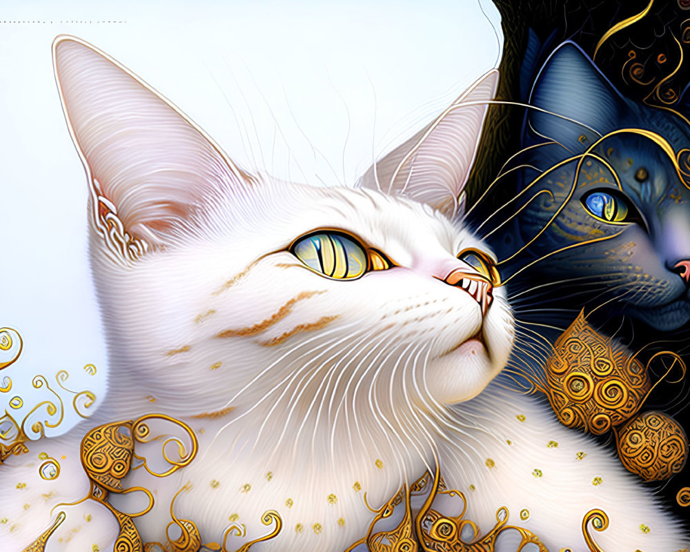 Intricately designed white and black cats with golden embellishments in digital art