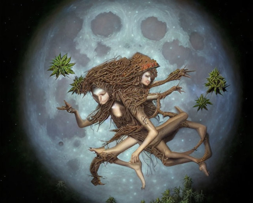 Ethereal figures with tree-like features in moonlit scene