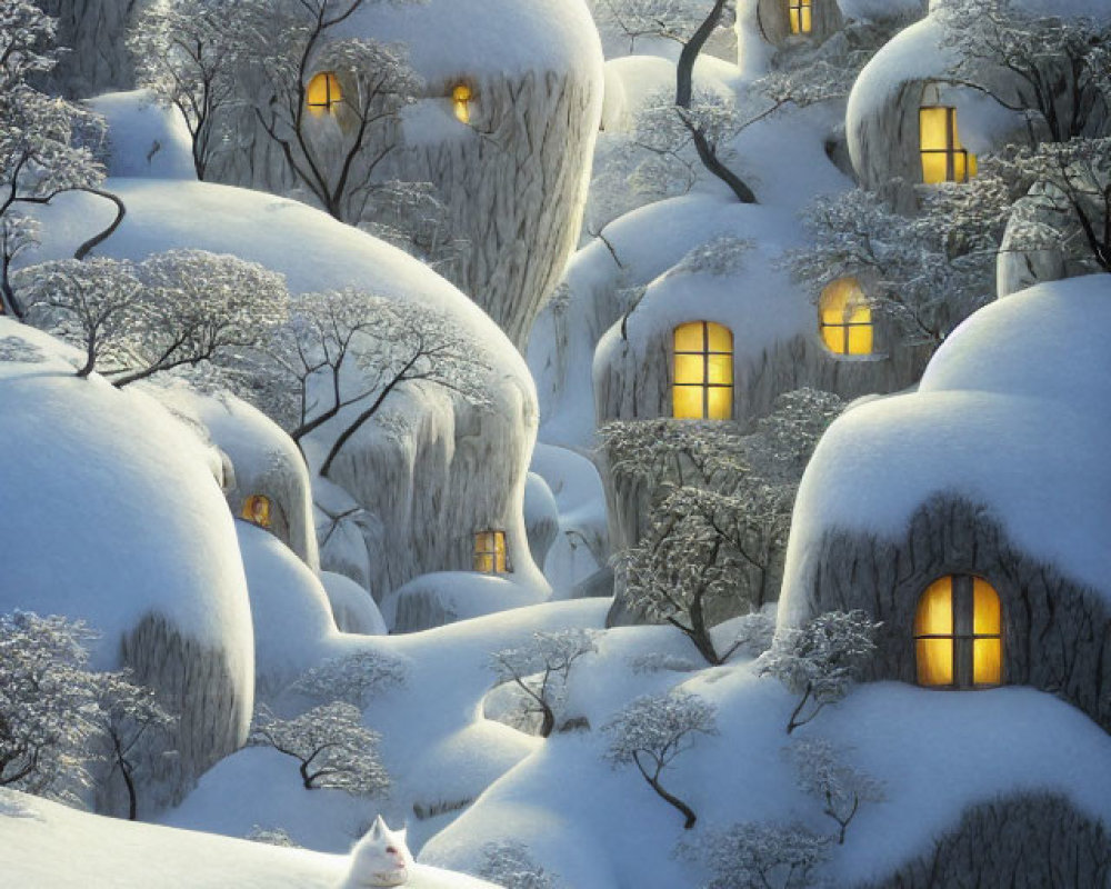 Snow-covered trees and glowing windows in a whimsical winter scene with a white cat.