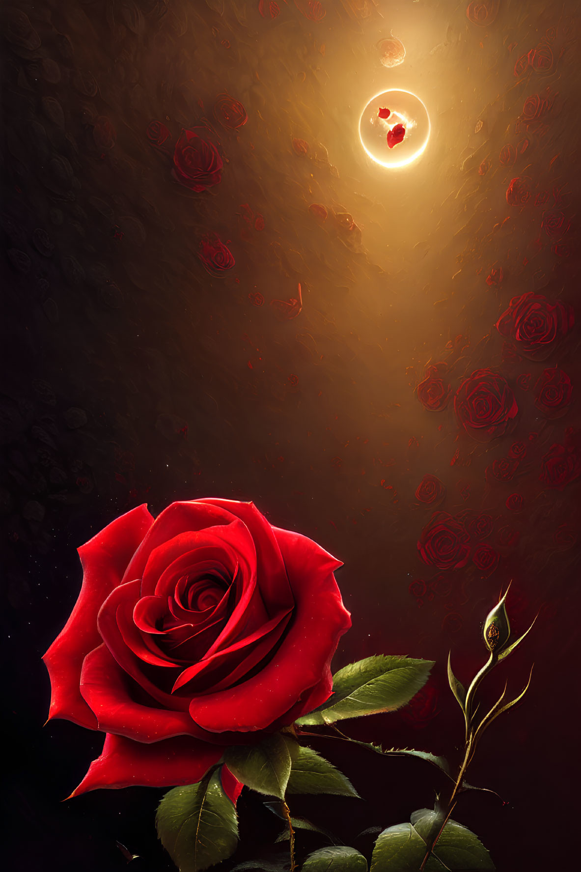 Detailed red rose bloom on dark backdrop with smaller silhouettes.
