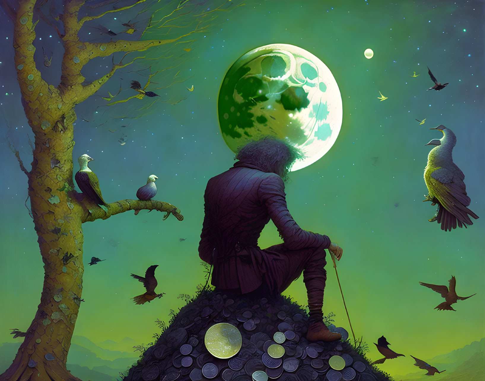 Person under tree gazes at green moon with birds and coins