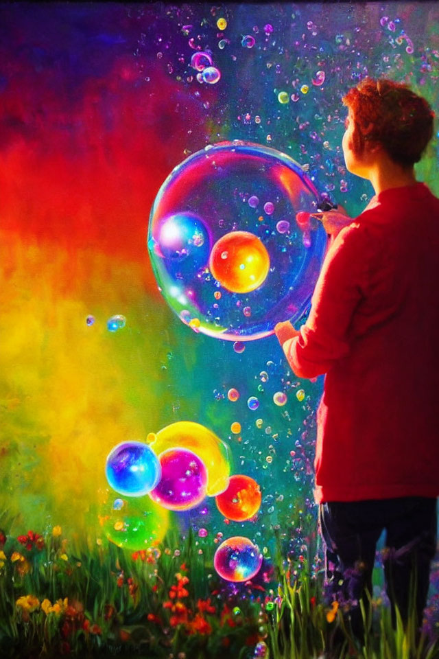 Colorful Field Scene: Person admiring iridescent soap bubbles