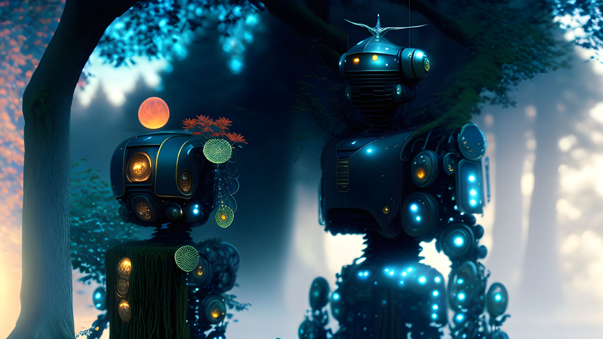 Stylized robots in mystical forest with orange sphere, luminescent plants, blue lighting