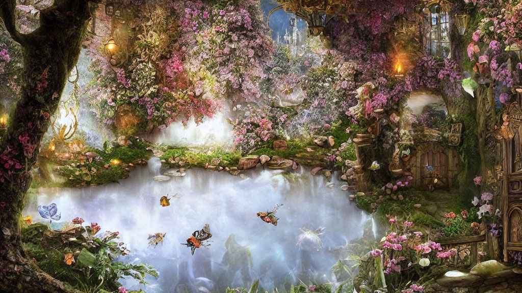 Lush Enchanted Forest Scene with River, Flowers, Butterflies, and Wooden Door