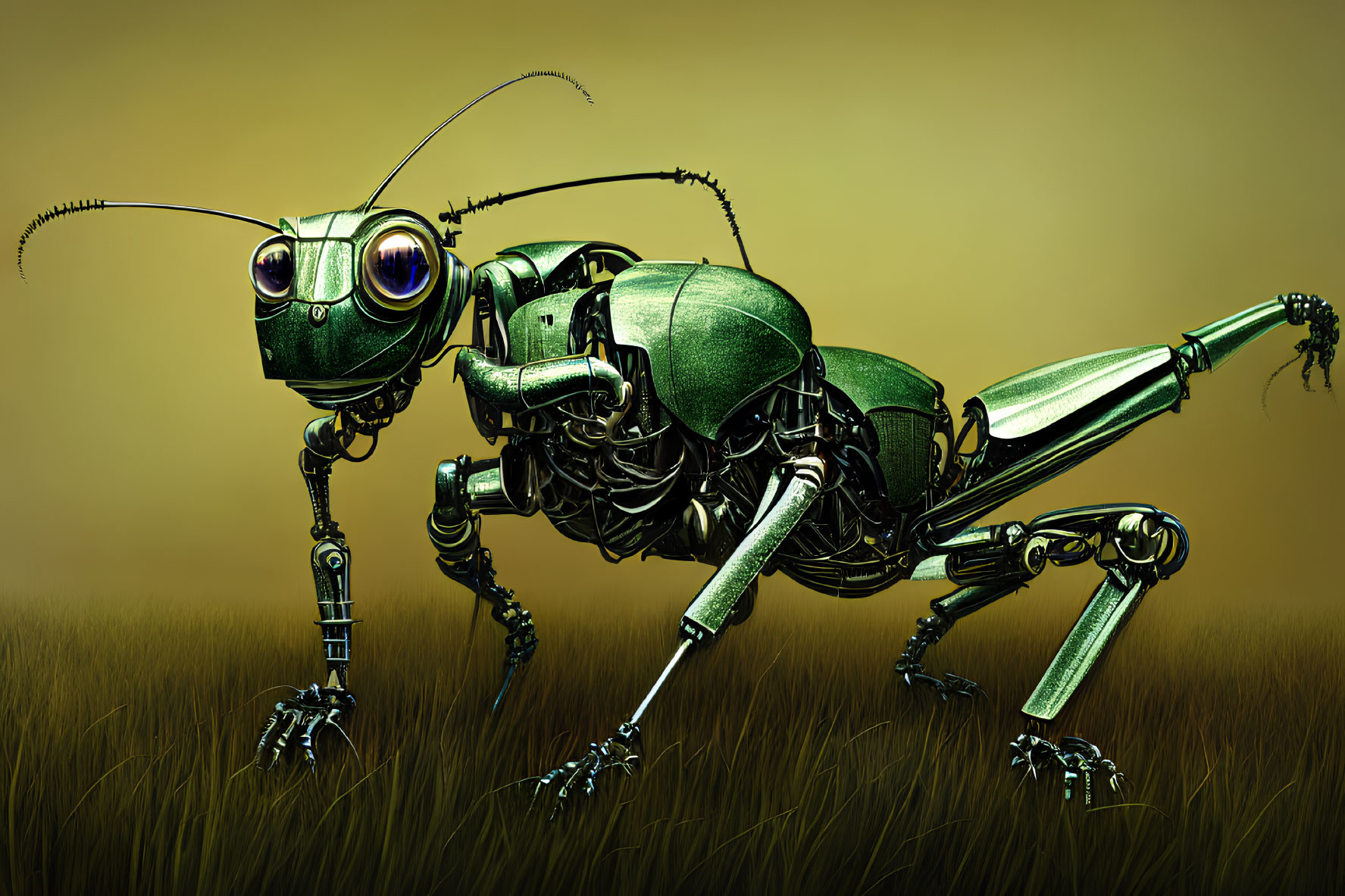 Detailed mechanical grasshopper in grass field