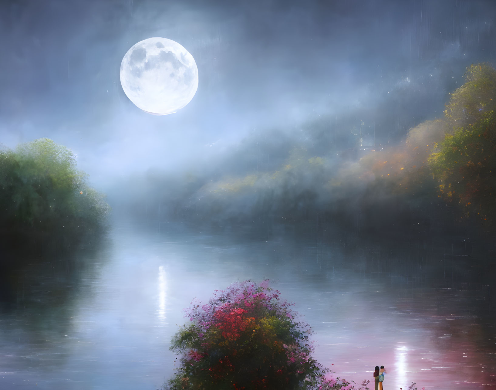 Full Moon Night: Misty River, Autumn Trees, Figure By Water