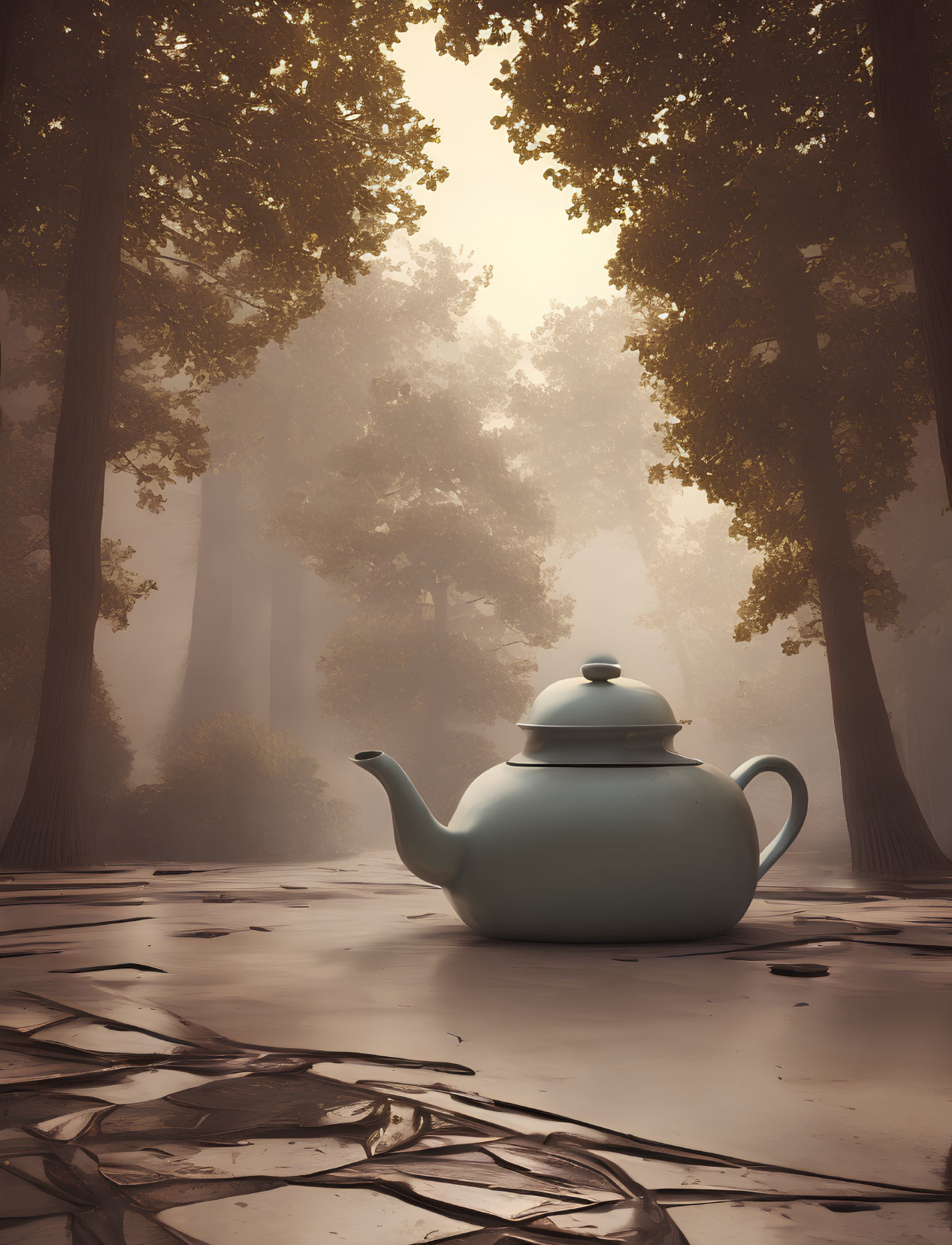 Teal Teapot on Forest Floor Surrounded by Tall Trees