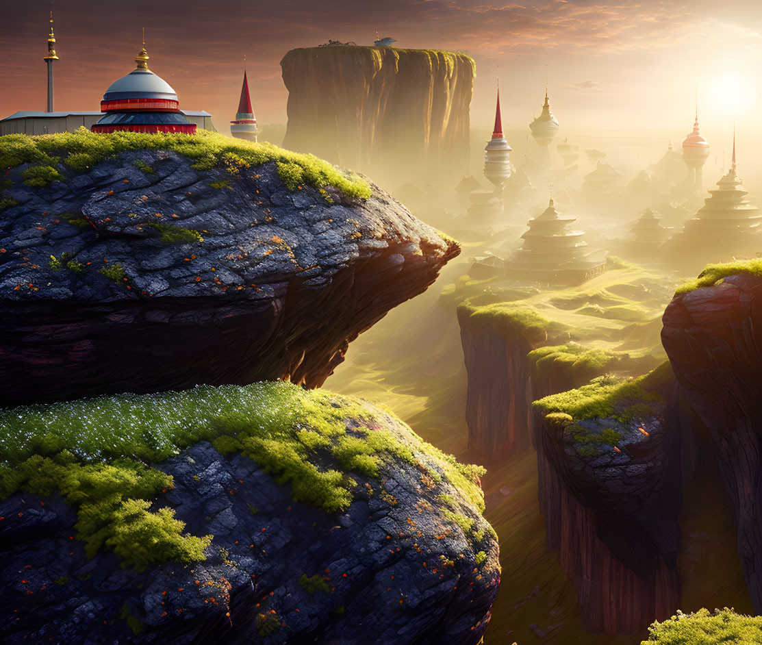 Majestic fantasy landscape with towering rock formations and cliff-top temple