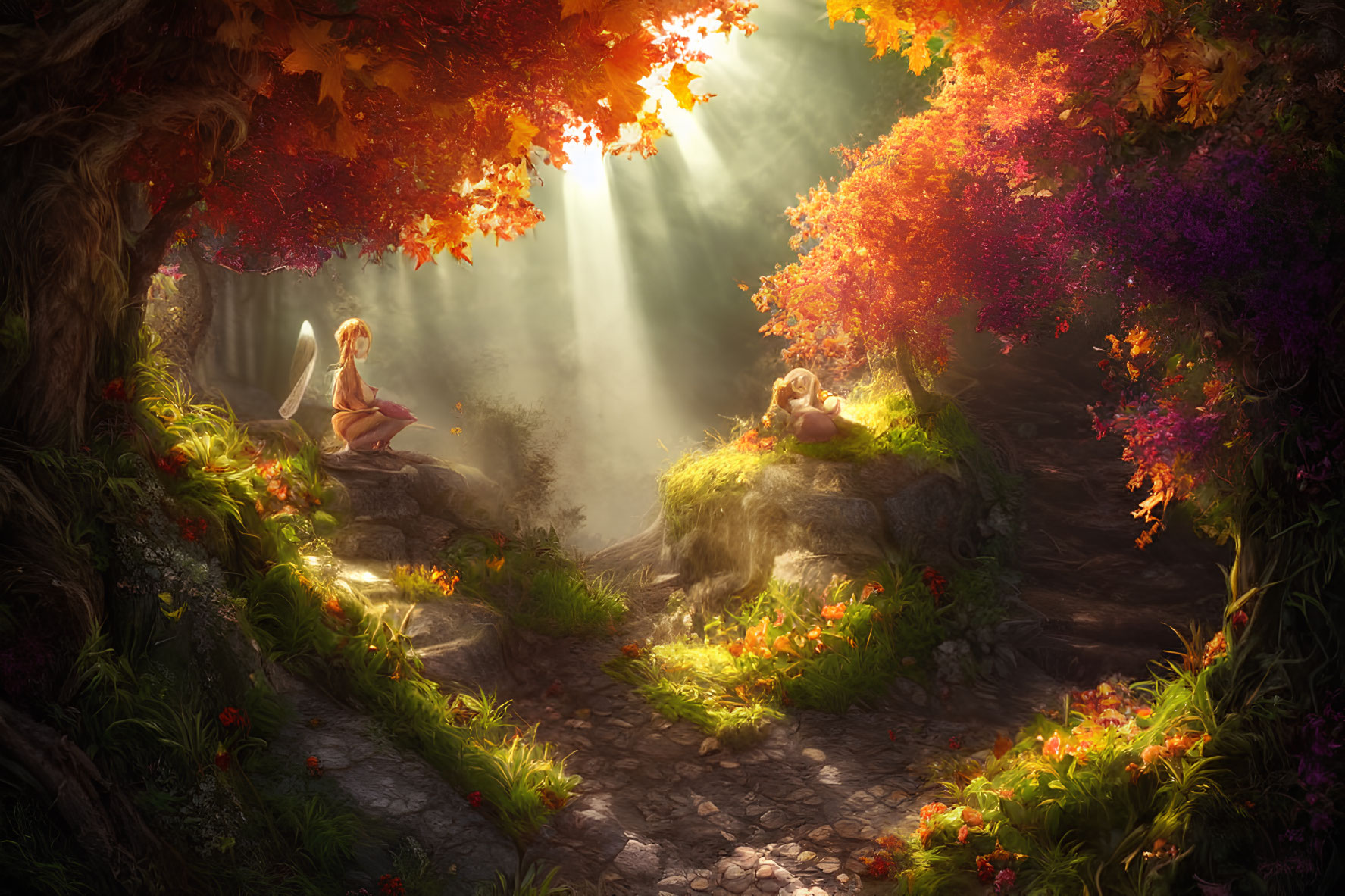 Forest Scene: Fairies in Sunlit Autumn Foliage