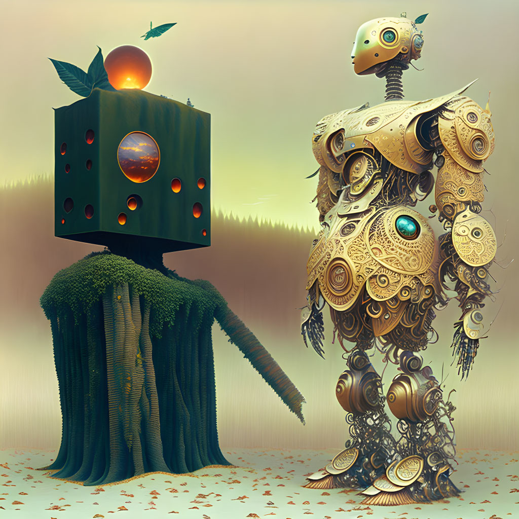 Whimsical mechanical beings in surreal autumn landscape