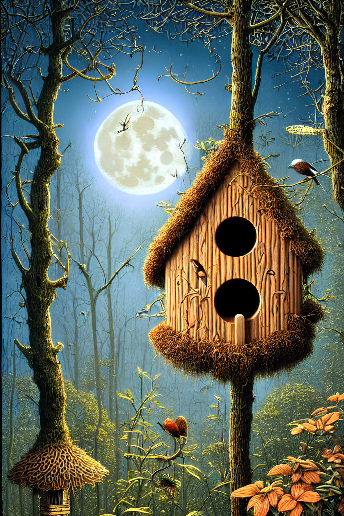 Moonlit Stylized Wooden Birdhouse in Mystical Forest