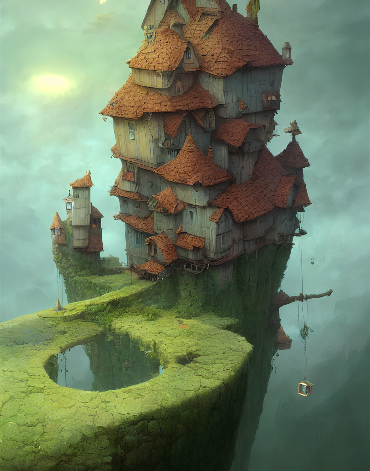 Fantasy treehouse on cliff with circular chasm