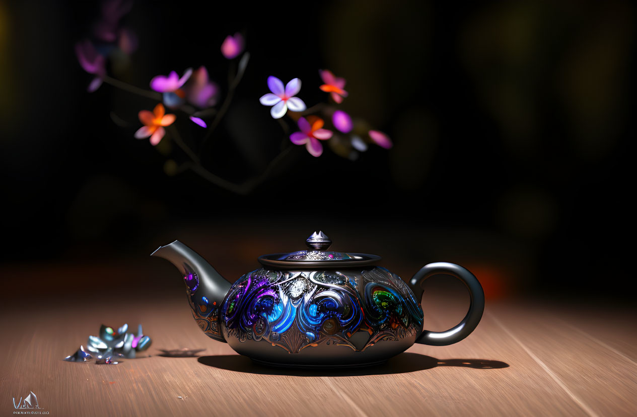 Intricate Blue Patterned Teapot on Wooden Surface