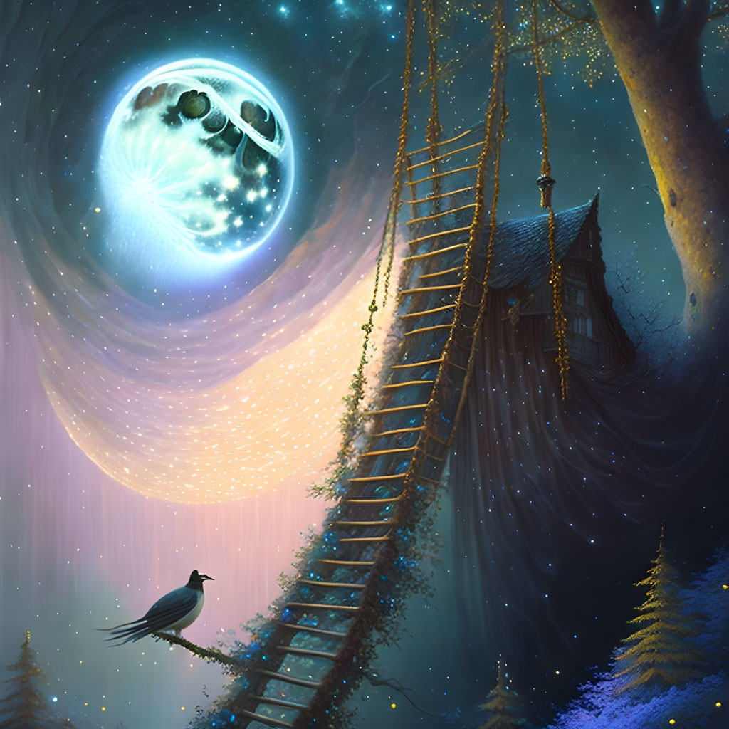 Ladder reaching moon, bird, hut in starlit forest under night sky
