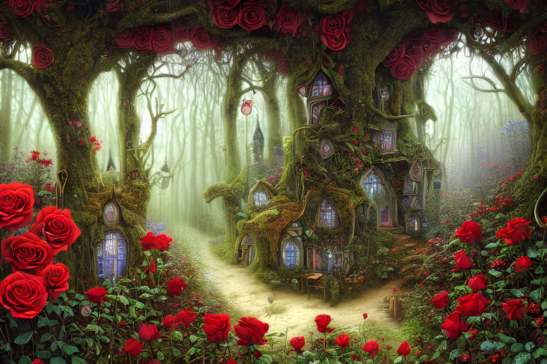 Whimsical treehouse in enchanted forest with roses and twisted trees