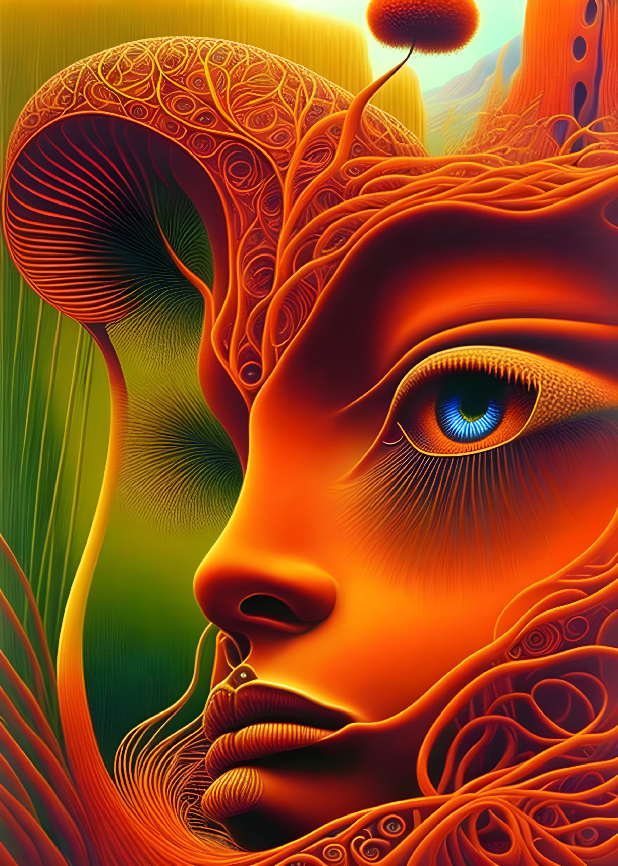 Colorful digital artwork of stylized female face with intricate designs and glowing orange hues.