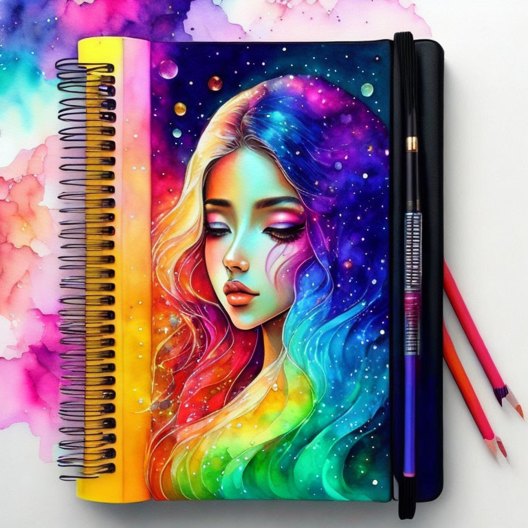 Vibrant woman with rainbow hair on cosmic backdrop with pens and watercolor spills.