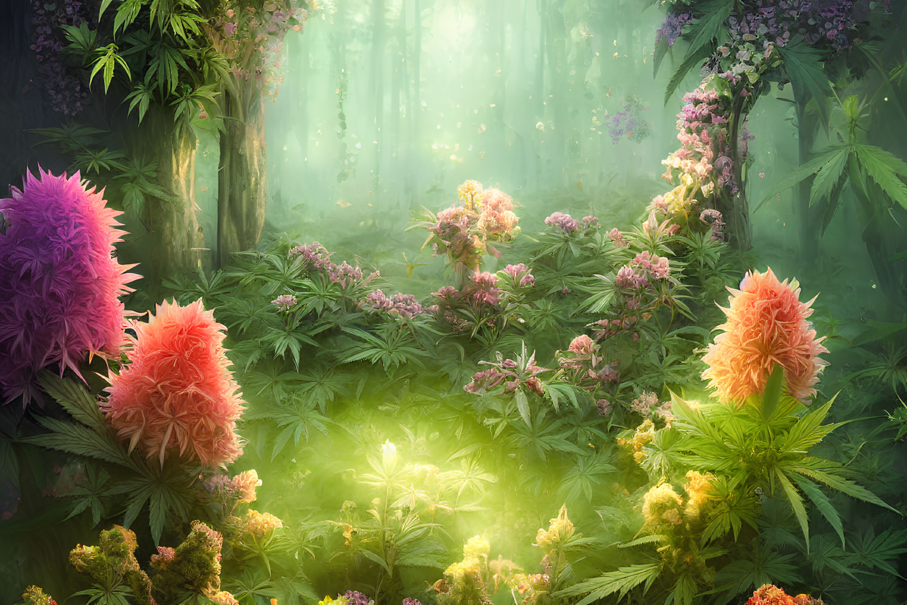 Misty enchanted forest with colorful flowers and lush greenery