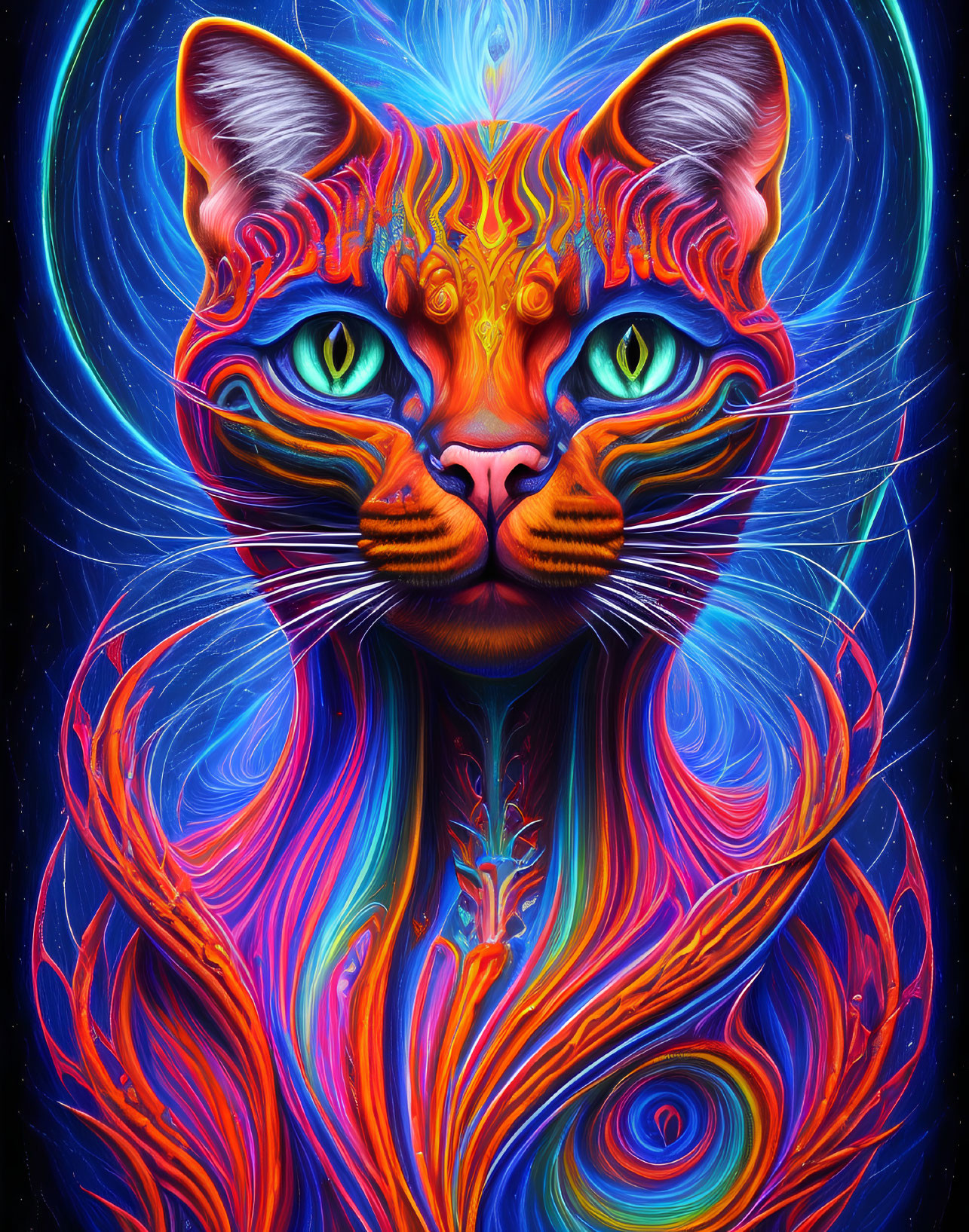 Symmetrical multicolored cat in cosmic digital art