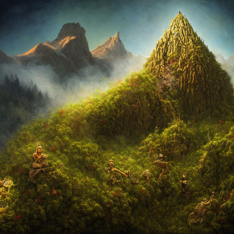 Mystical forest with pyramid-shaped hill and climbers in misty mountains