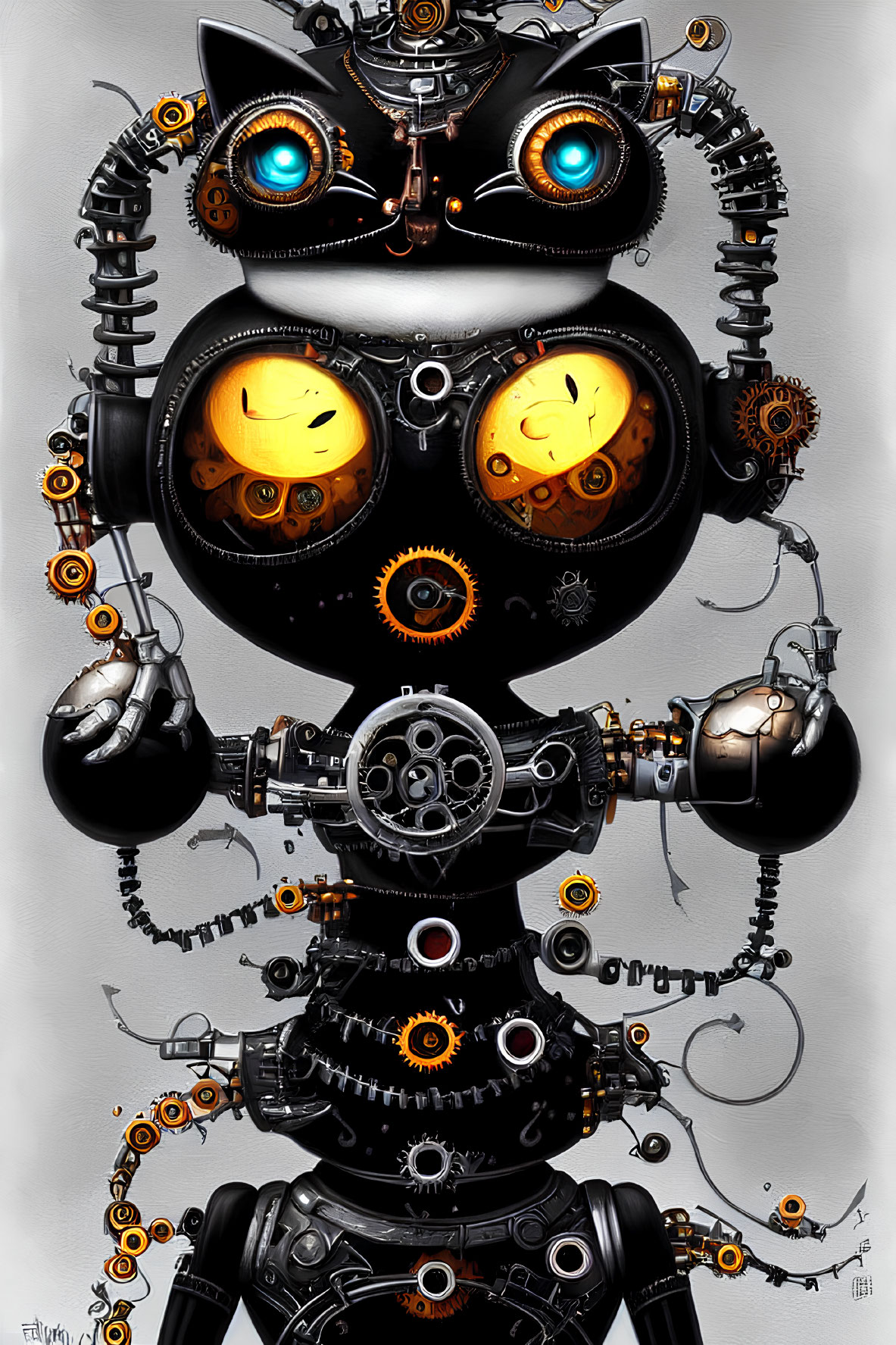 Mechanical Cat Illustration with Glowing Eyes & Intricate Gears