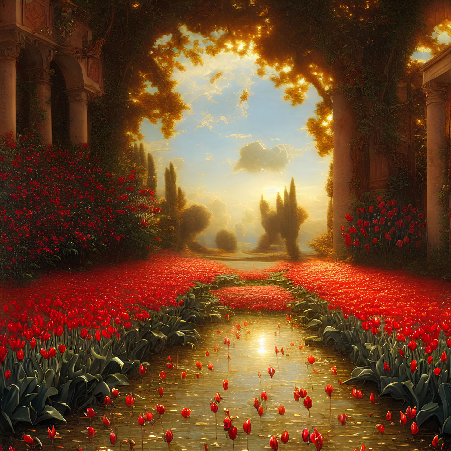 Vibrant red tulips in lush garden with sunlit archway