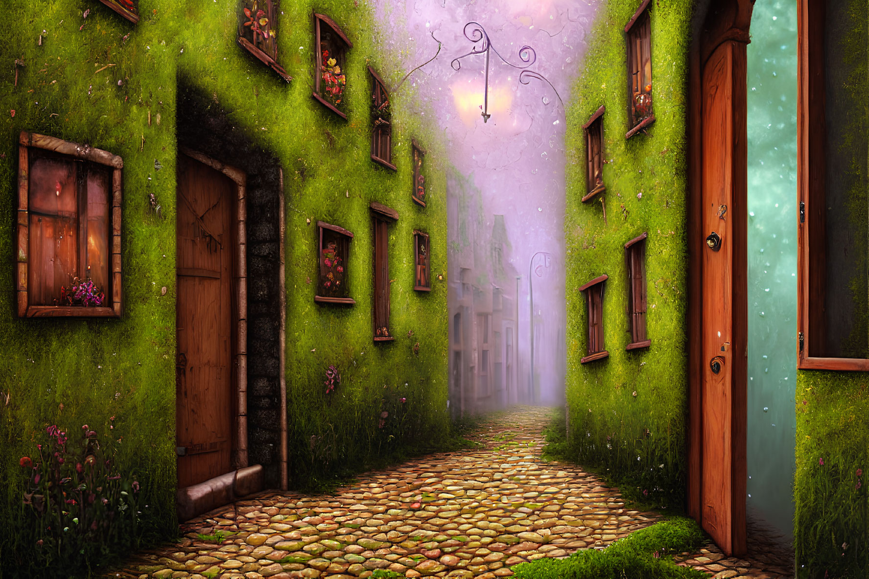 Whimsical cobblestone alley with moss-covered walls and colorful windows under a purple starry sky