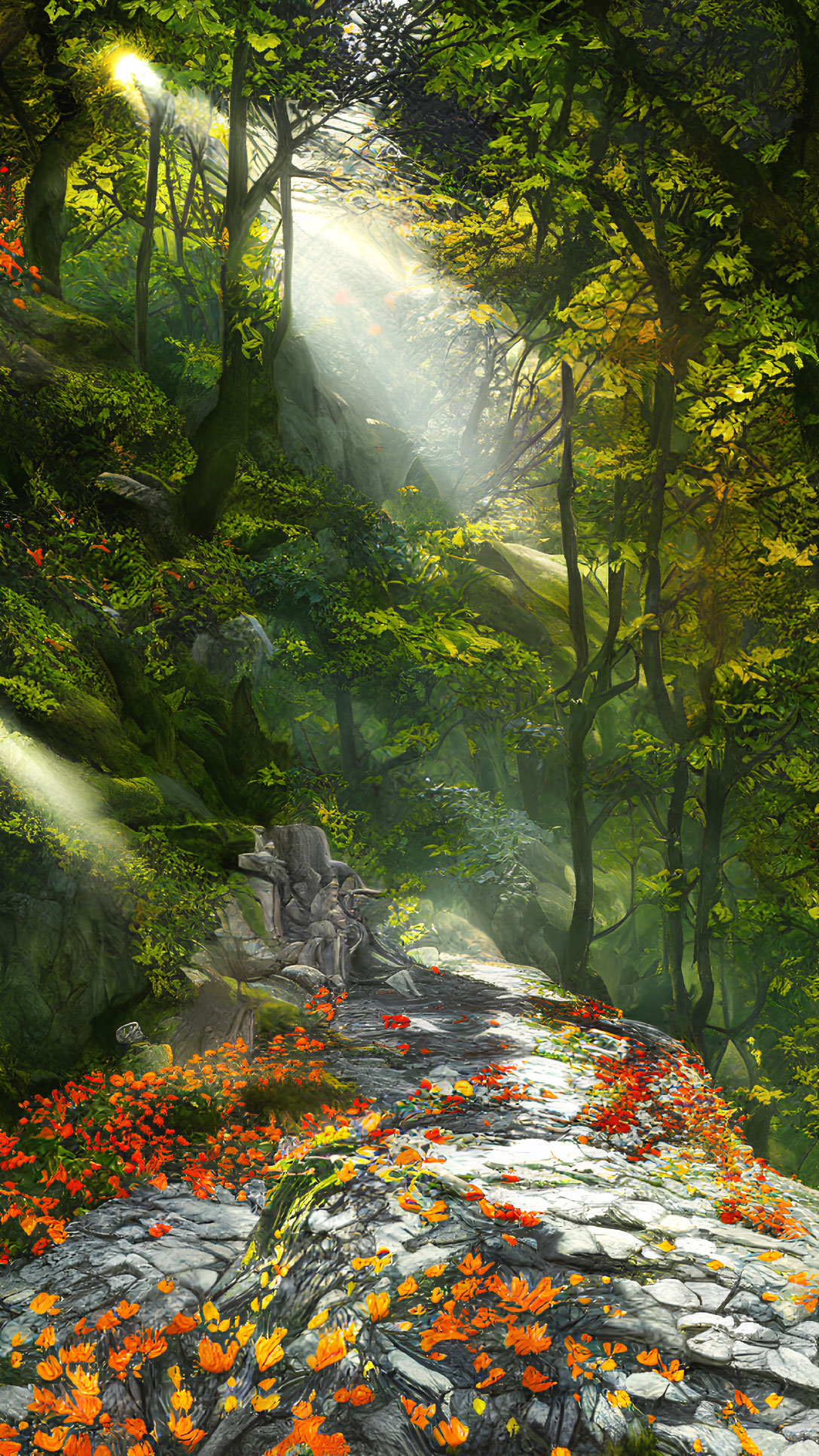 Forest canopy sunlight on stone path with orange and red flowers