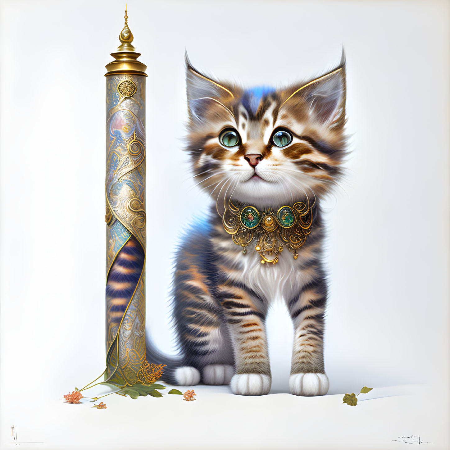 Detailed illustration of kitten with expressive eyes next to ornate column