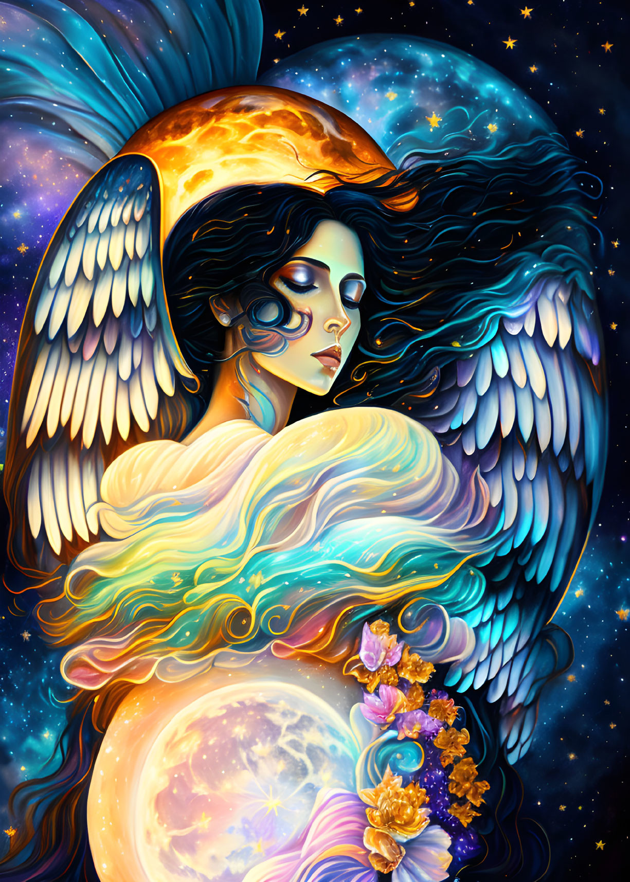 Vibrant angelic figure embracing crescent moon in starry backdrop