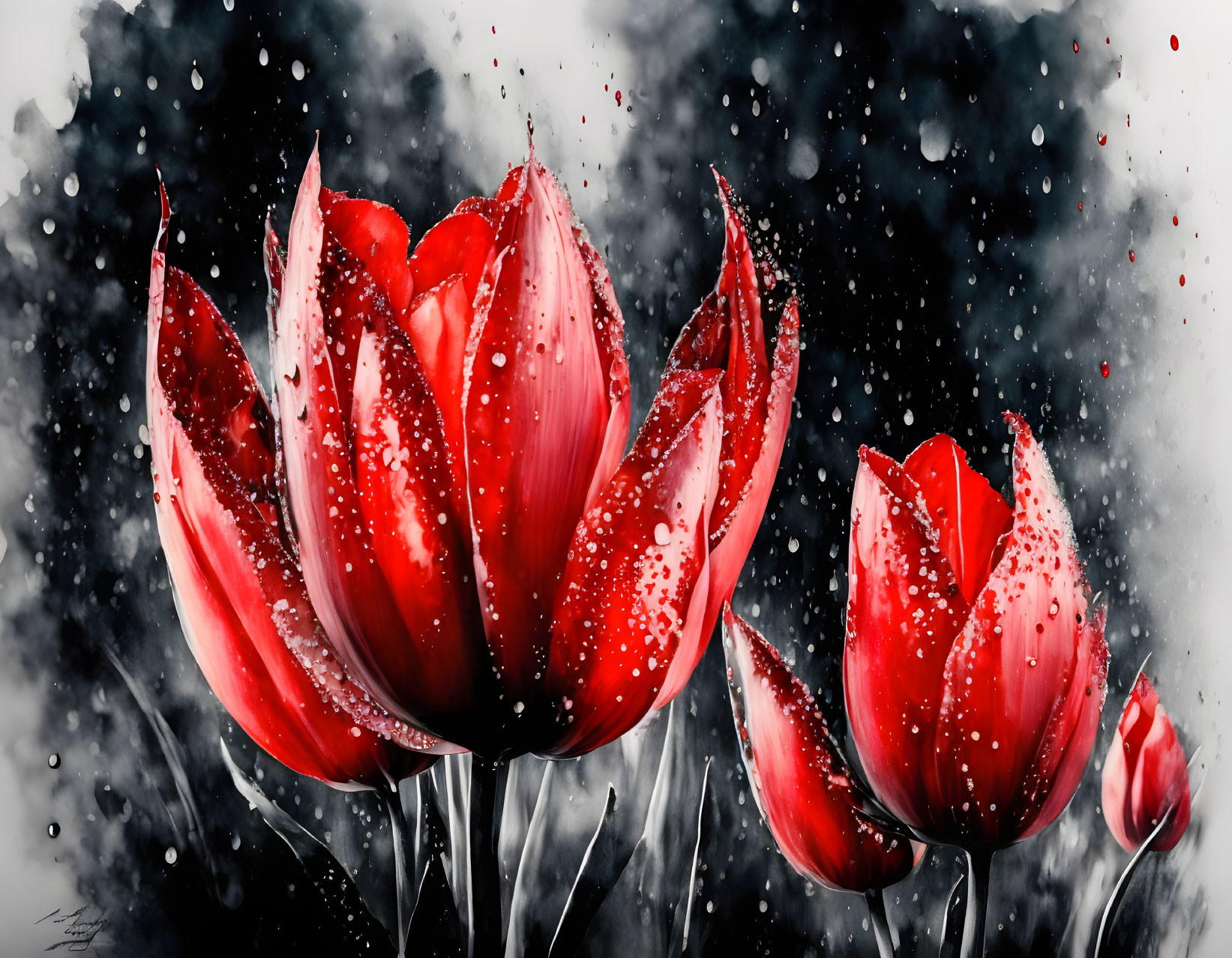 Vibrant red tulips with water droplets on monochrome background