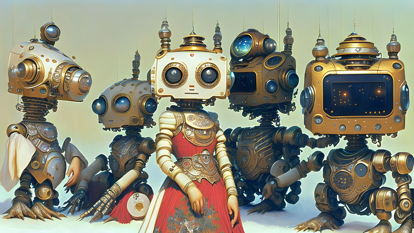 Five Steampunk-Style Robots with Brass-Like Textures and Intricate Designs