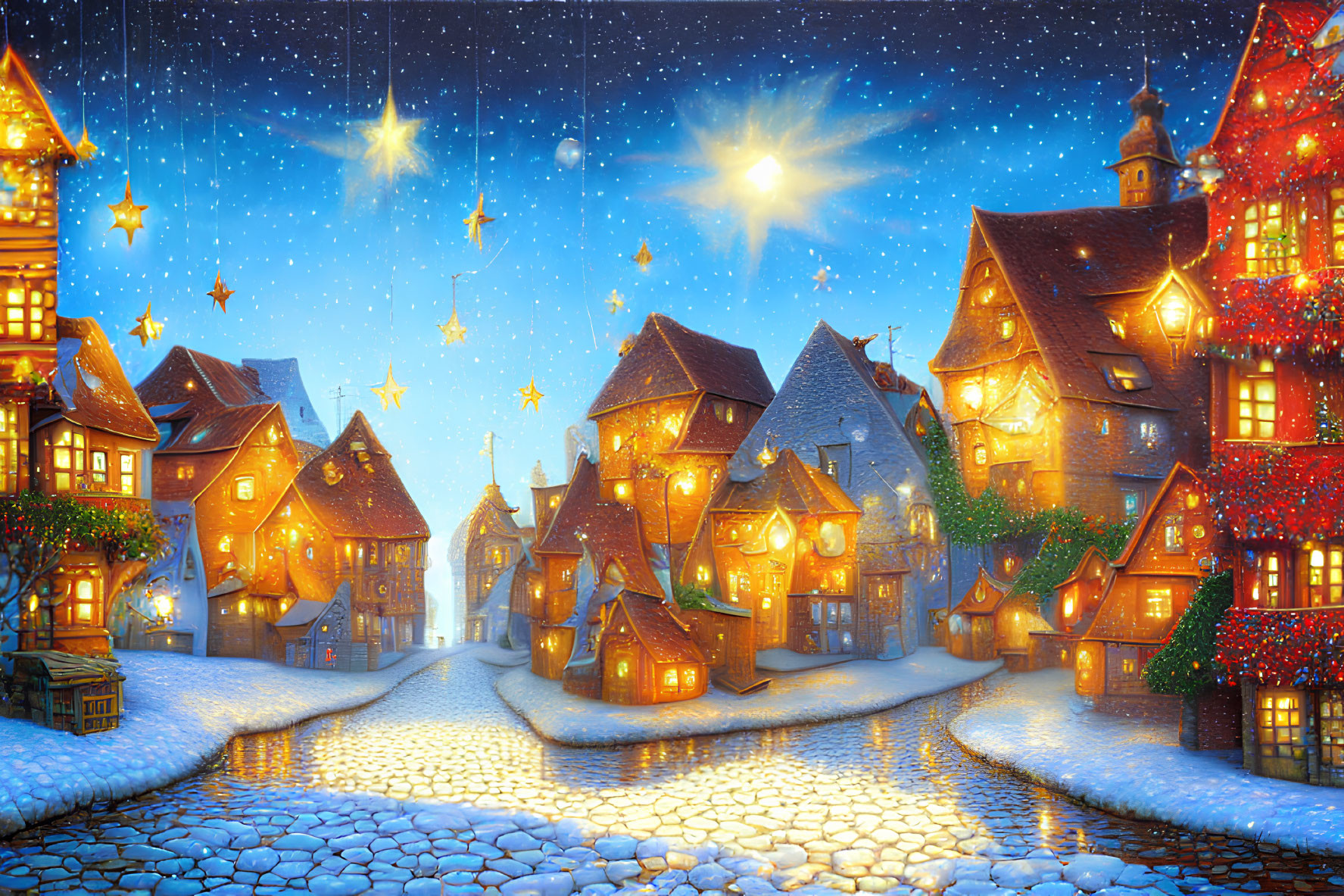 Snowy village street at night: winter scene with cozy lights and falling snow