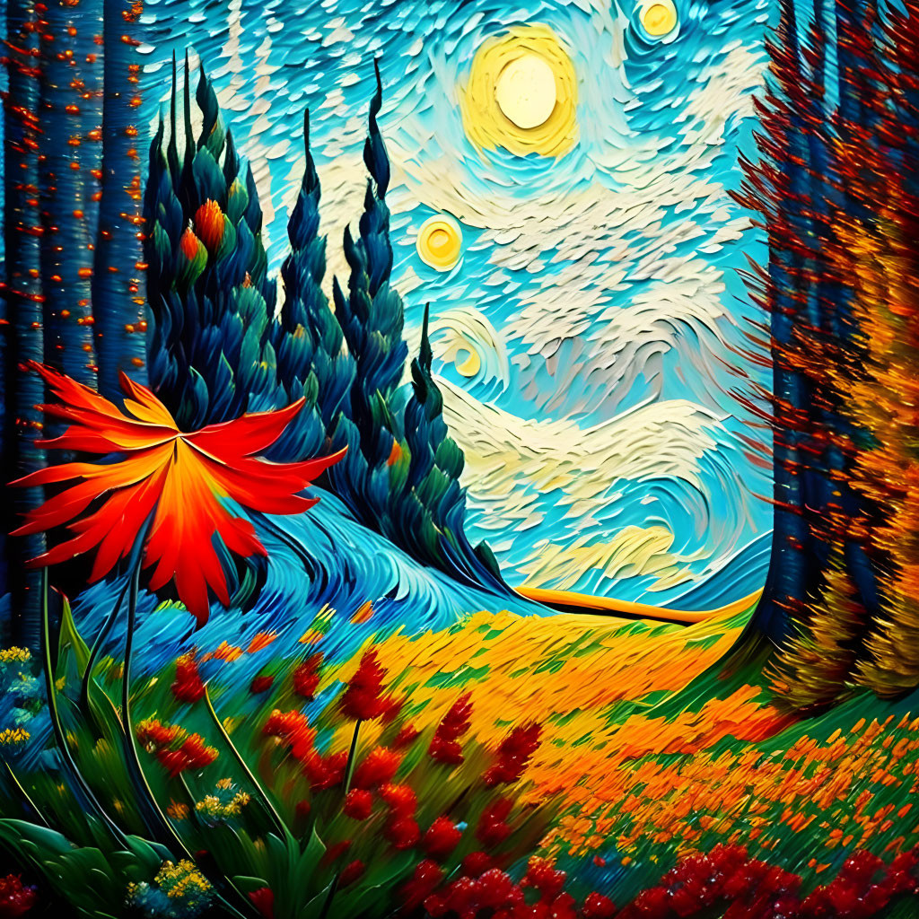 Colorful painting: Swirling skies, celestial bodies, red leaf, lush flora