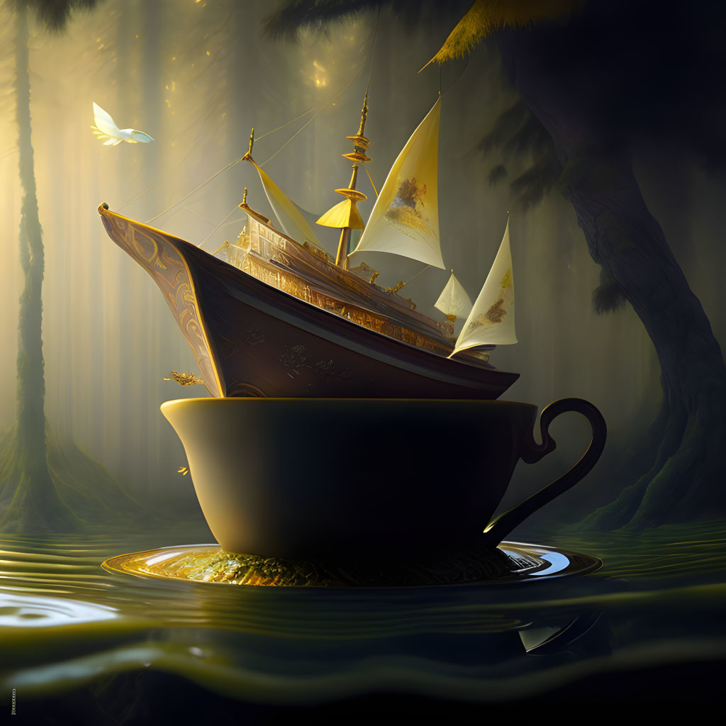 Fantastical ship with illuminated sails in a tea cup on water surrounded by mystical forest and beams of