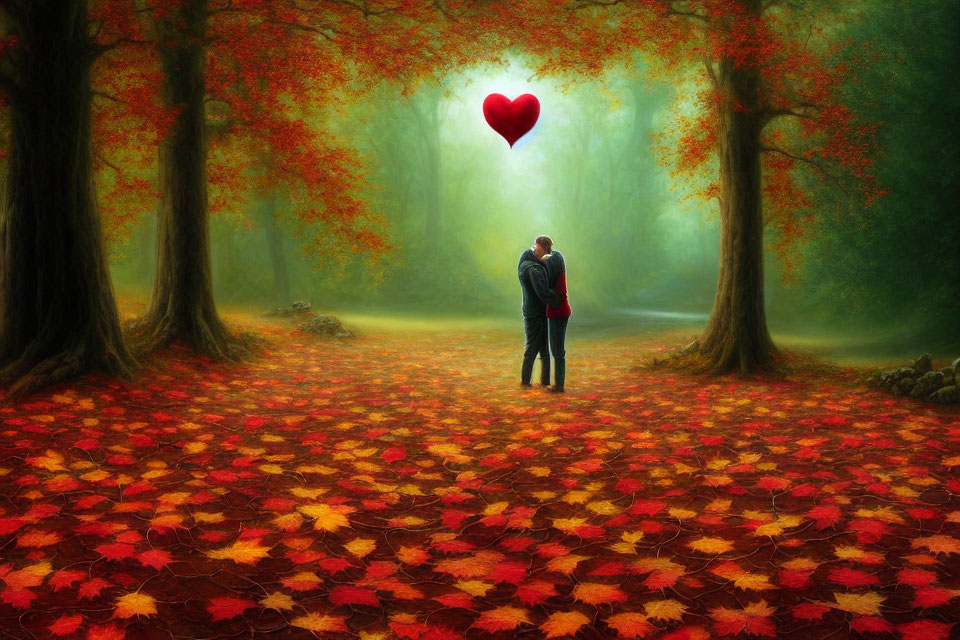 Couple Embracing Under Autumn Canopy with Floating Red Heart in Misty Forest