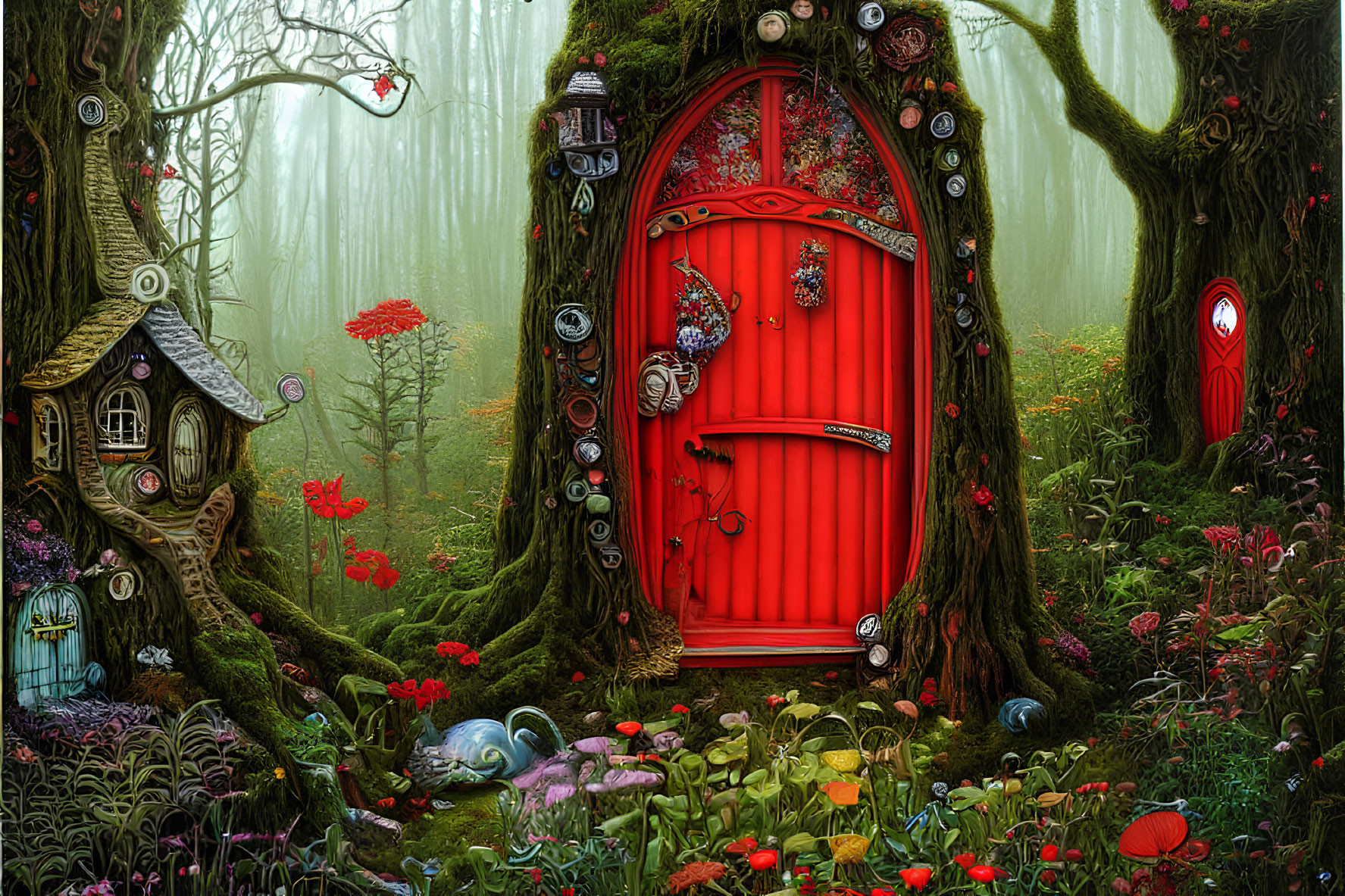 Fantasy forest scene with large red door, whimsical houses, colorful flora, and mist