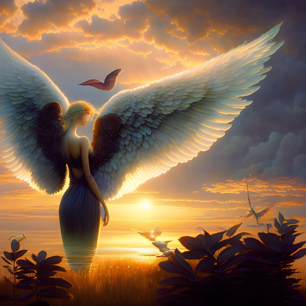 Ethereal figure with white wings in sunset by water and flowers