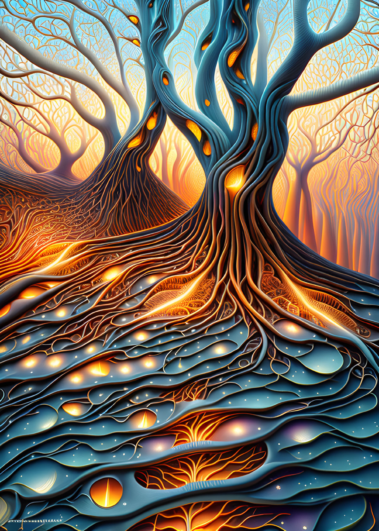 Surreal intertwined tree with intricate roots and fiery color palette