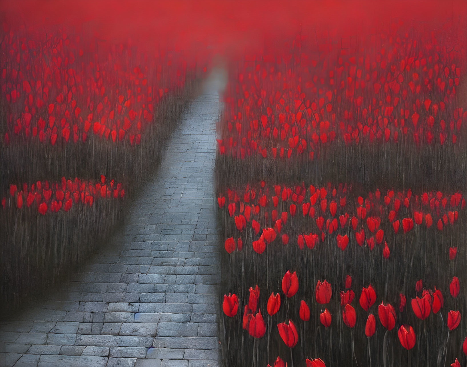 Winding stone path through vibrant red tulips in misty atmosphere