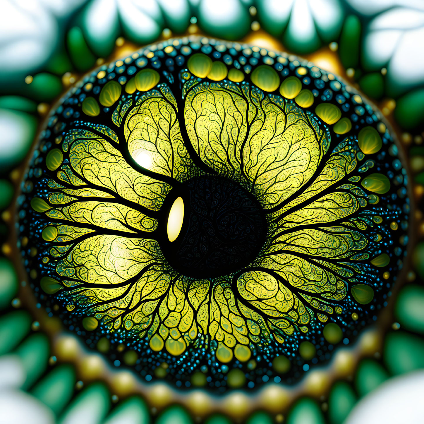 Intricate Green and Yellow Fractal Eye Art