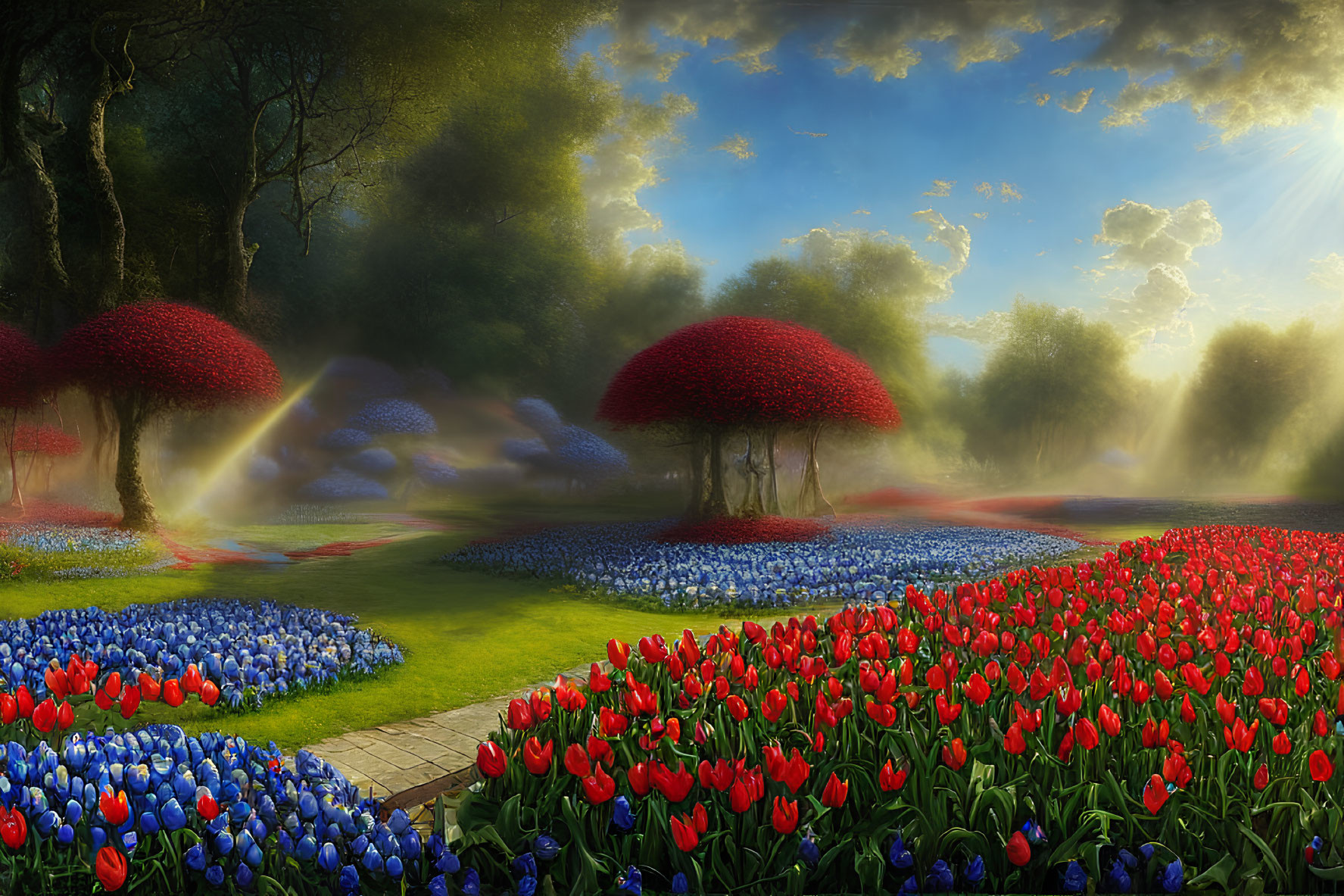 Fantasy garden with oversized red-capped mushrooms and colorful tulips.